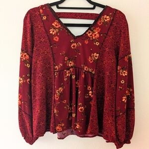 Maurice's Red Floral Top Cottagecore Bohemian Balloon Sleeve Women's size S